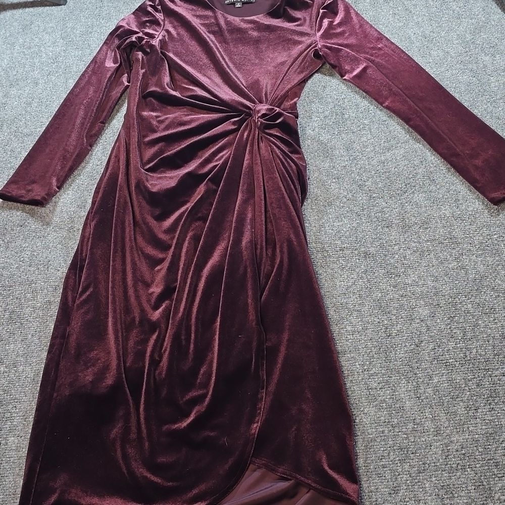 Antonio Melani Velvet Midi Dress Womens 4 Burgundy Ruched Long Sleeve Holiday